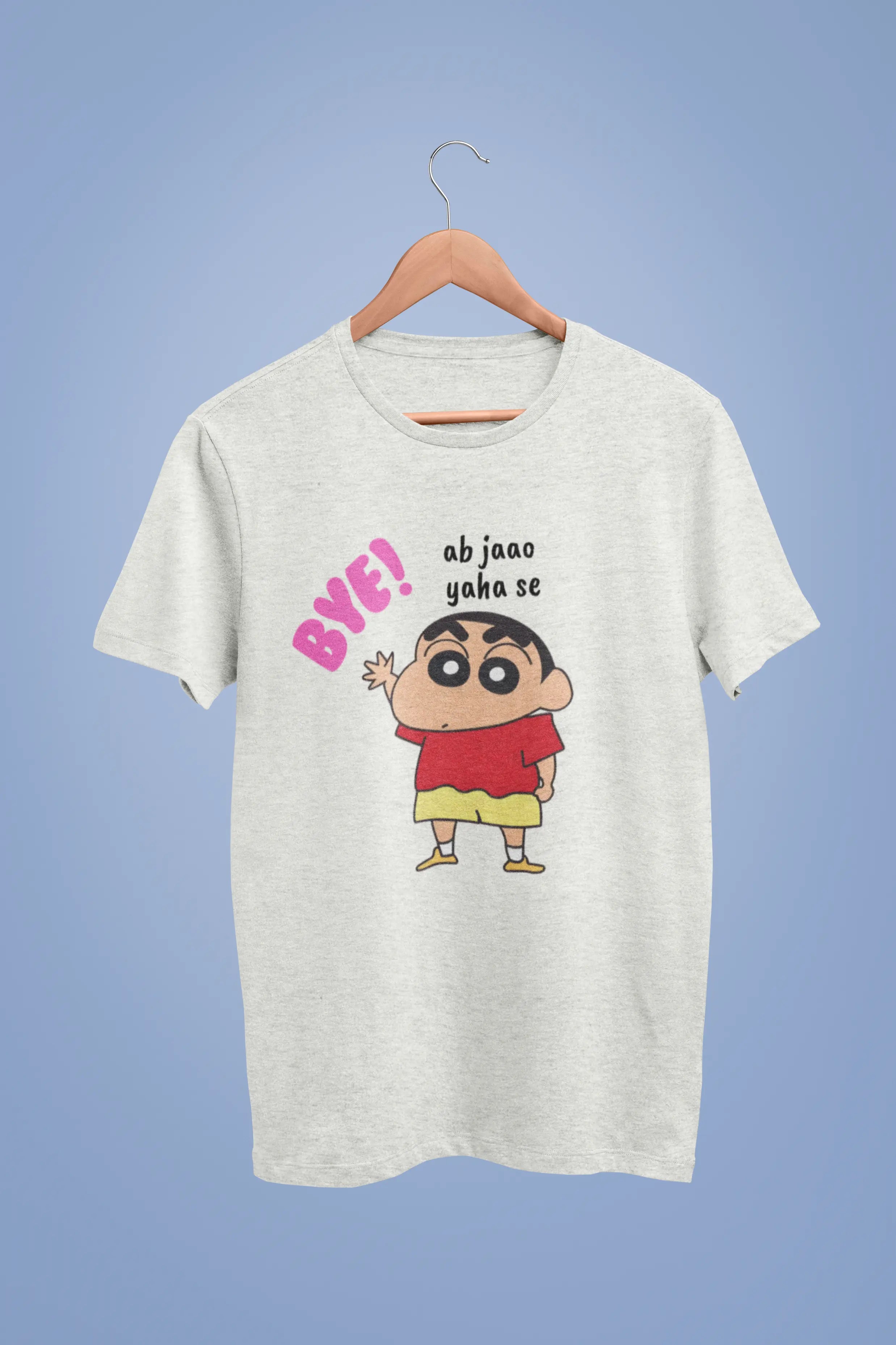 Front view of an off-white oversized tee featuring Shinchan saying "Ab Jhao" in Hindi. A perfect blend of humor and nostalgia for Shinchan fans.