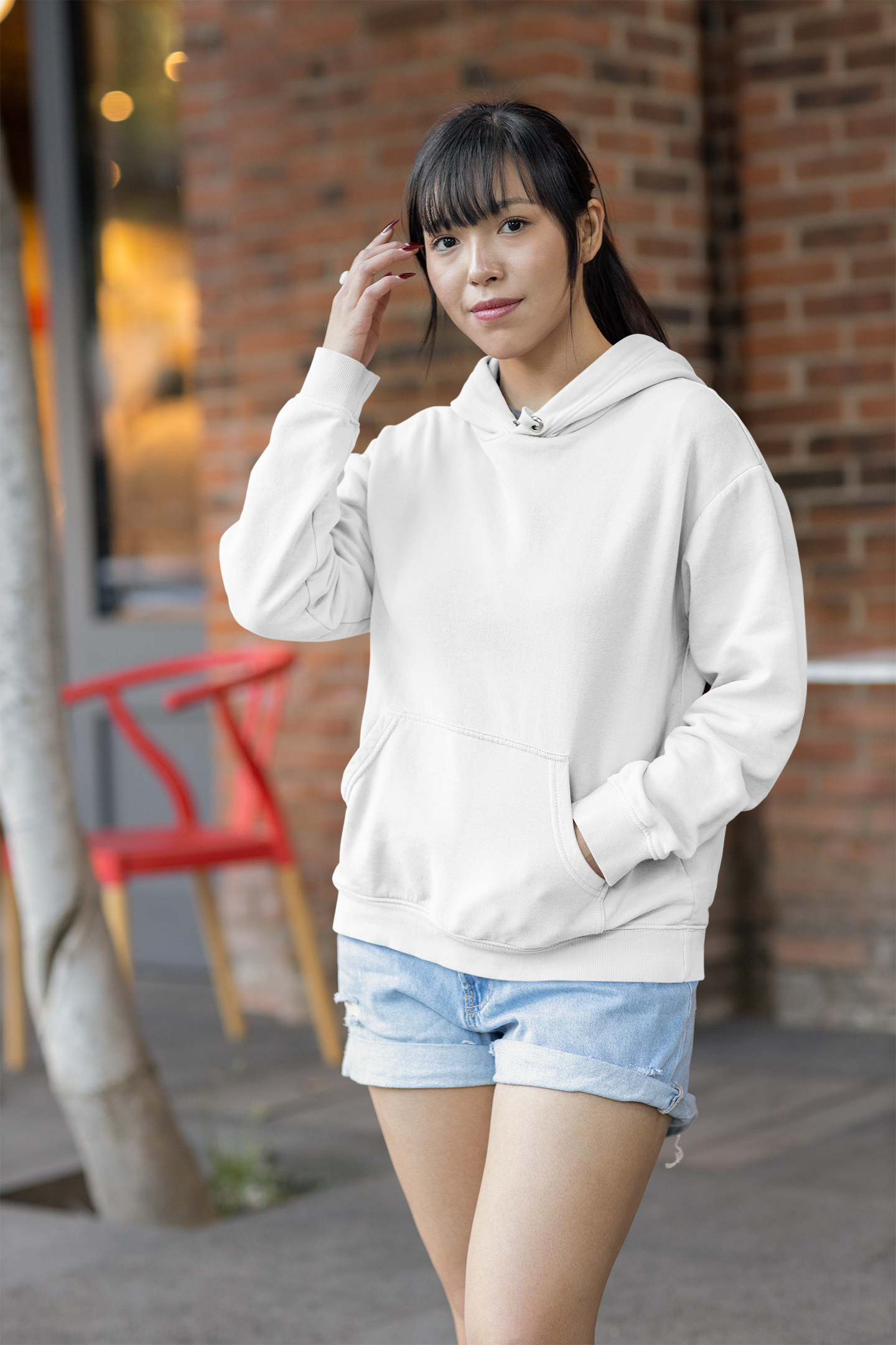 Front view of a female model wearing a lavender premium quality, pure cotton hoodie.