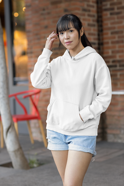 Front view of a female model wearing a lavender premium quality, pure cotton hoodie.
