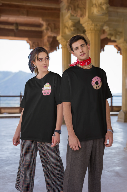 Donut and Cupcake | Couple | Premium Oversized Half Sleeve Unisex T-Shirt