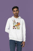 Fourth image of a male model wearing a white hoodie with a large Looney Tunes design. The illustration features portraits of several iconic Looney Tunes characters.