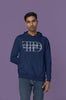 Second front view of a male model wearing a navy blue oversized, cozy hoodie featuring 