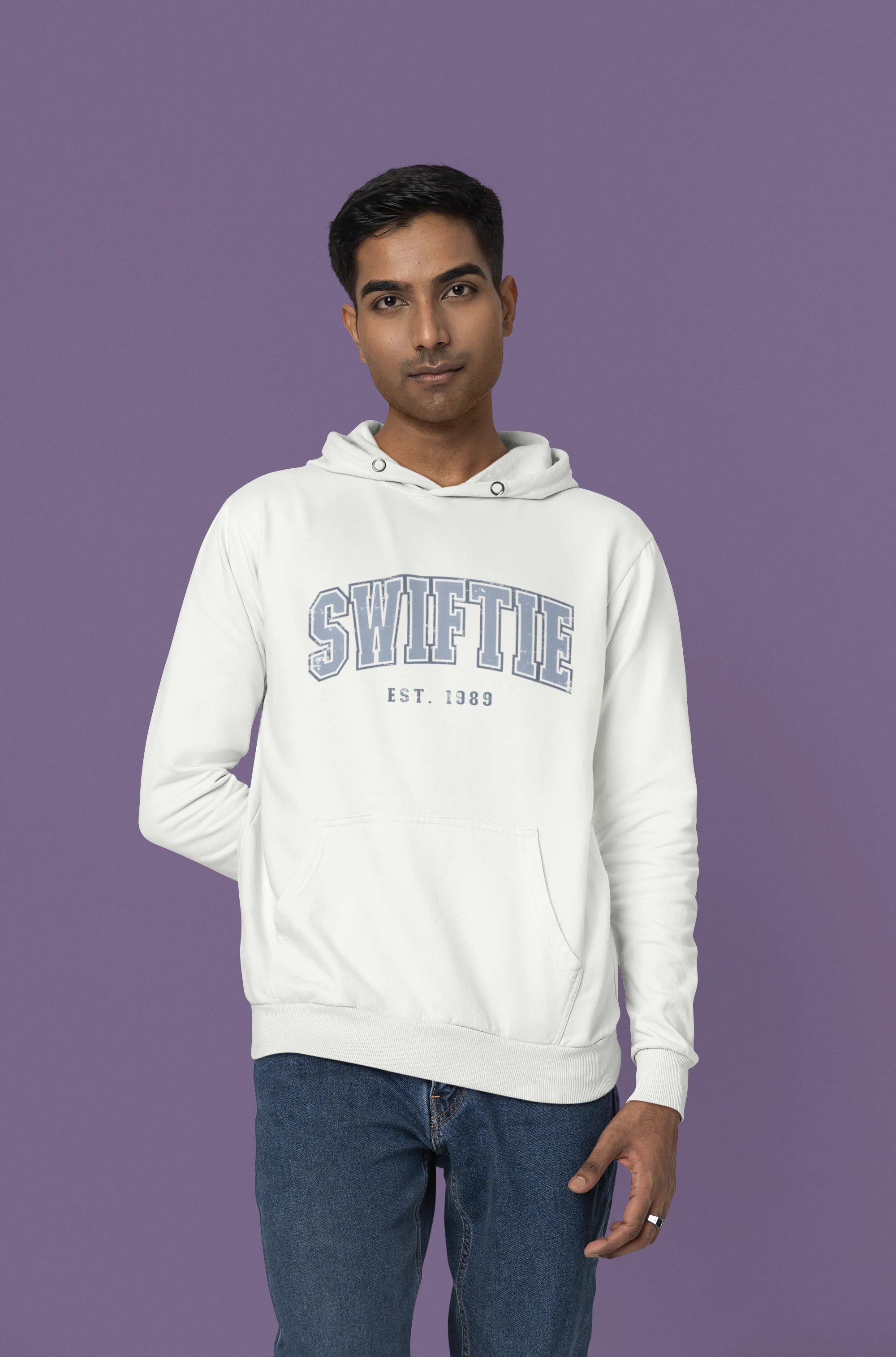 Third front view of a male Model wearing an off-white Swiftie hoodie, perfect for Taylor Swift fans and Eras Tour enthusiasts.