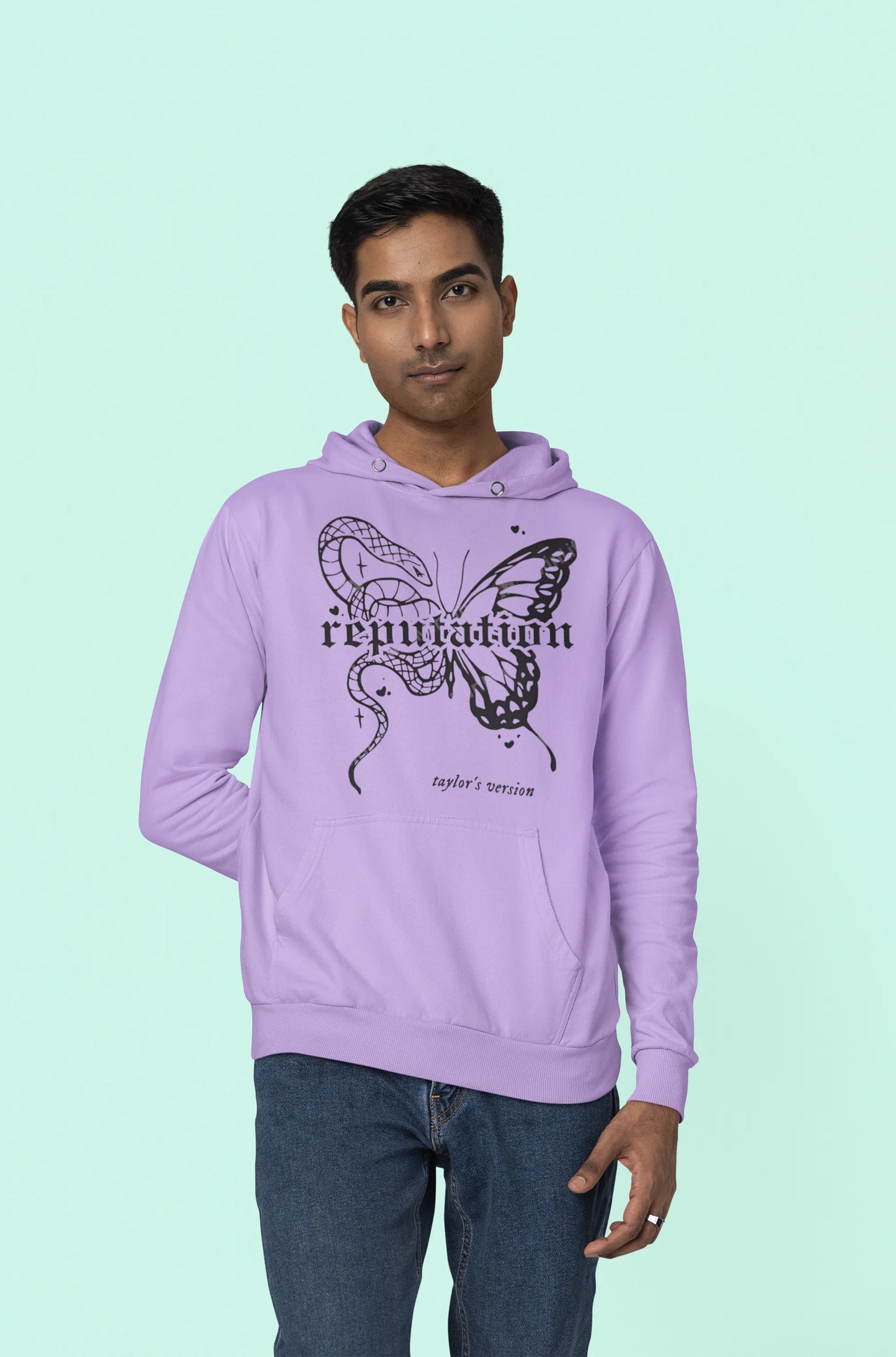 Third front view of a female model wearing a dirty purple Reputation-inspired hoodie, perfect for Taylor Swift fans and Eras Tour enthusiasts.