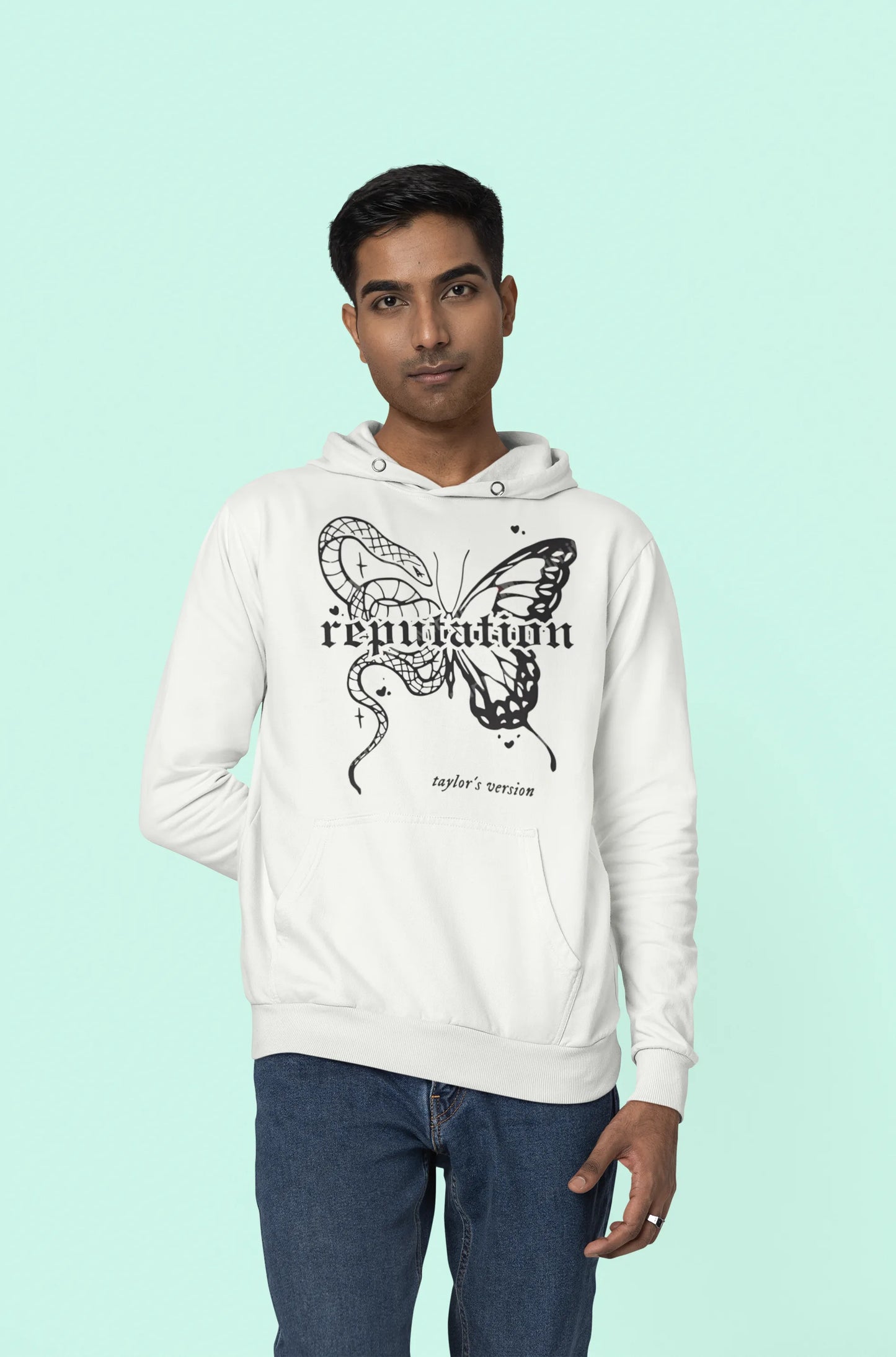 Third front view of a male model wearing a off-white Reputation-inspired hoodie, perfect for Taylor Swift fans and Eras Tour enthusiasts.