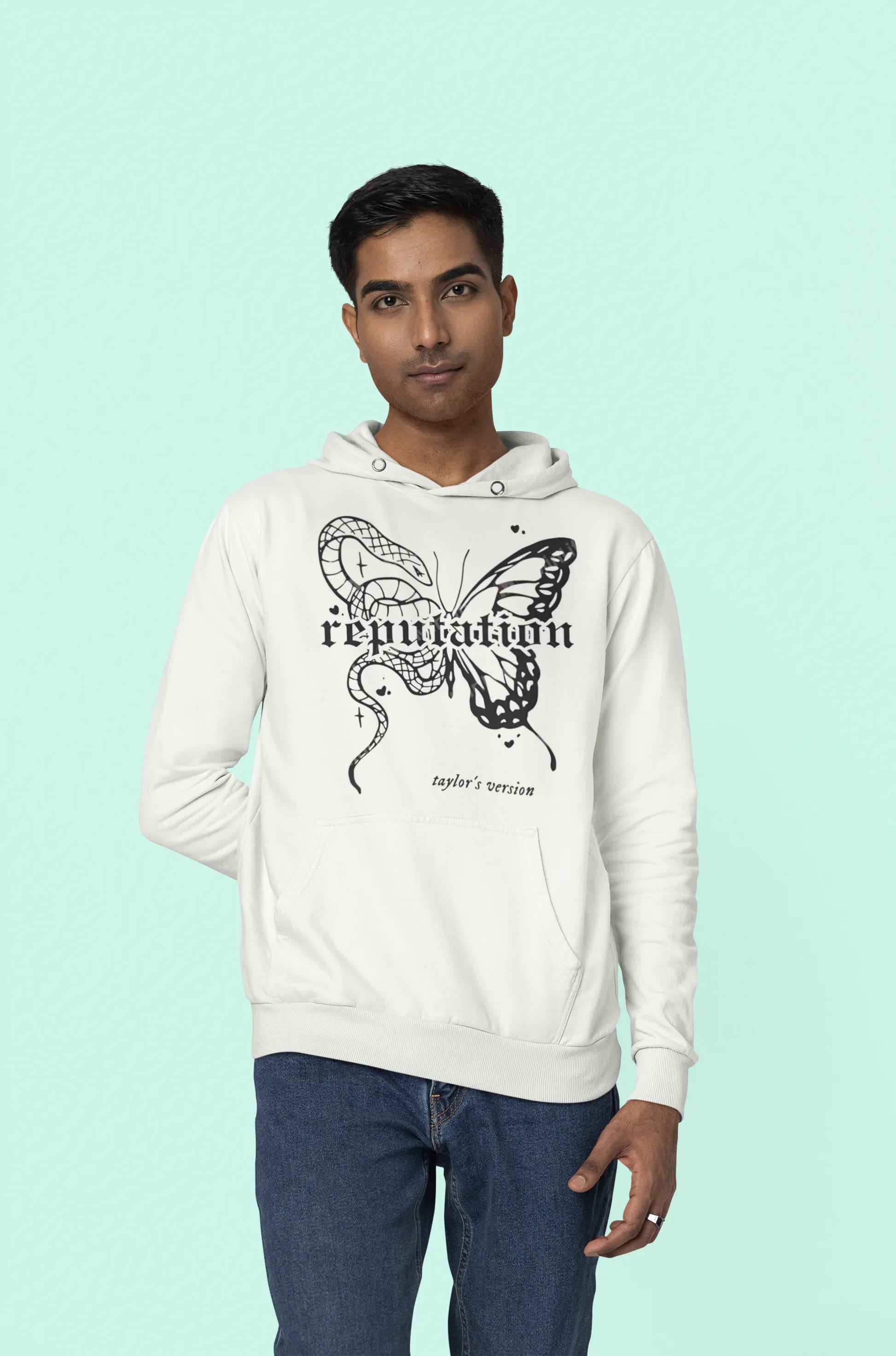 Third front view of a male model wearing a off-white Reputation-inspired hoodie, perfect for Taylor Swift fans and Eras Tour enthusiasts.