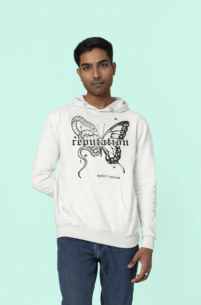 Third front view of a male model wearing a off-white Reputation-inspired hoodie, perfect for Taylor Swift fans and Eras Tour enthusiasts.