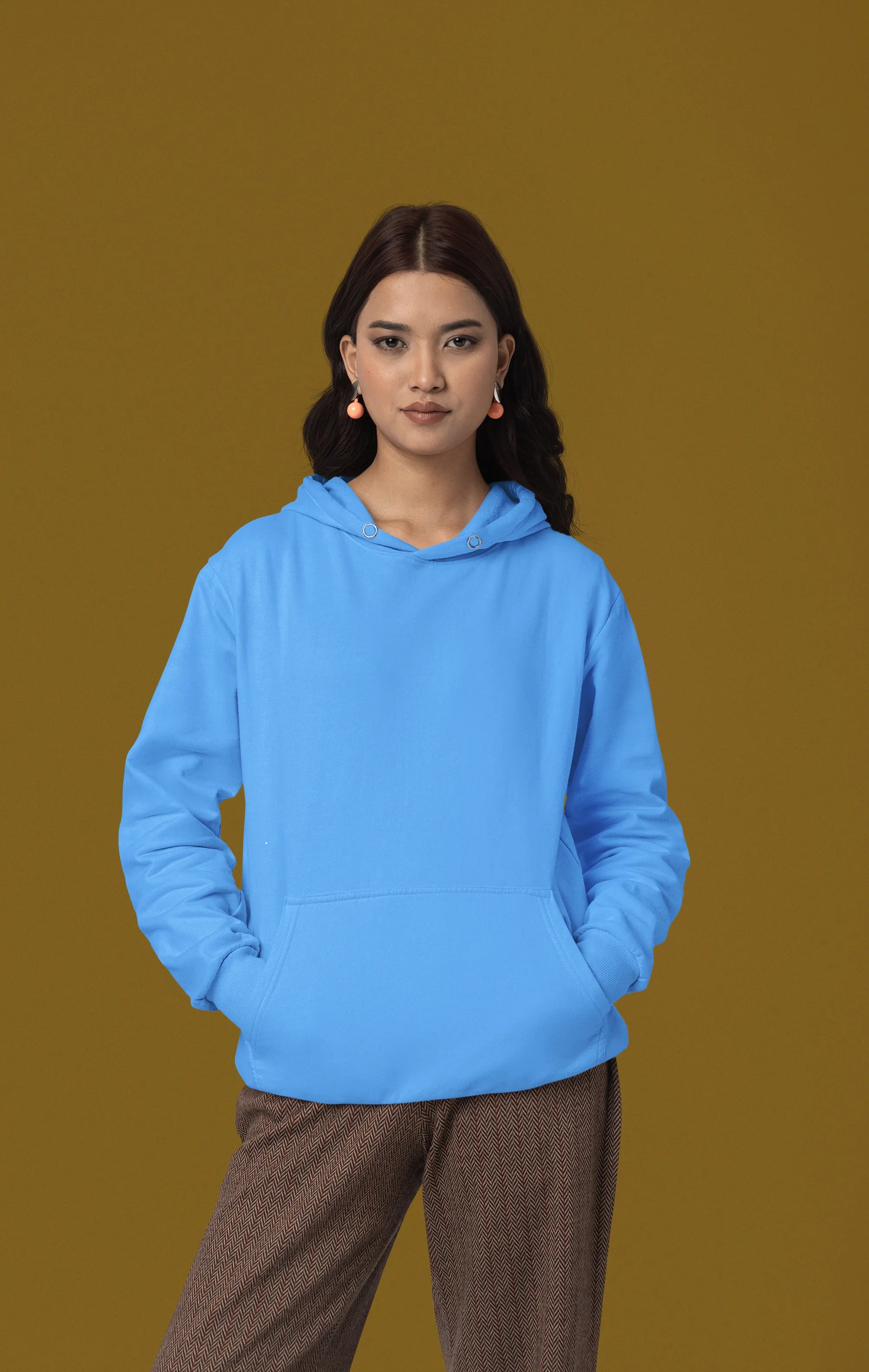 Front view of a female Model wearing a sky blue Swift 89 hoodie, inspired by Taylor Swift's 1989 album. Perfect for Swifties and Eras Tour fans.