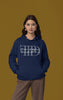 Second front view of a female model wearing a navy blue oversized, cozy hoodie featuring 