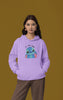 First front view of a female model wearing a lavender hoodie with a large Stitch design. The illustration shows Stitch smiling and waving.