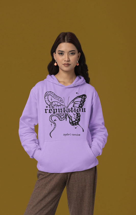 Second front view of a female model wearing a dirty purple Reputation-inspired hoodie, perfect for Taylor Swift fans and Eras Tour enthusiasts.