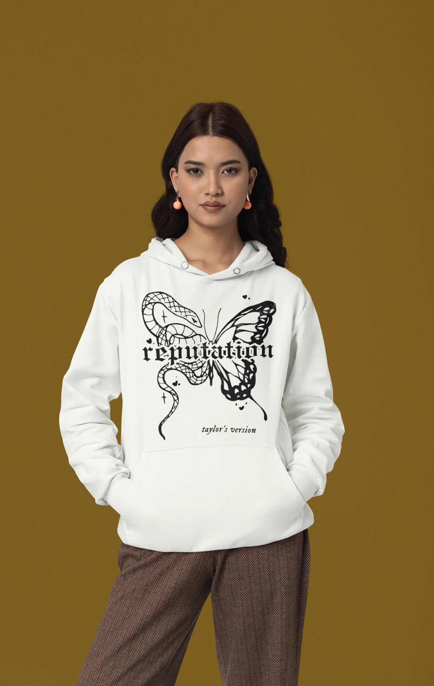 Third front view of a female model wearing a off-white Reputation-inspired hoodie, perfect for Taylor Swift fans and Eras Tour enthusiasts.