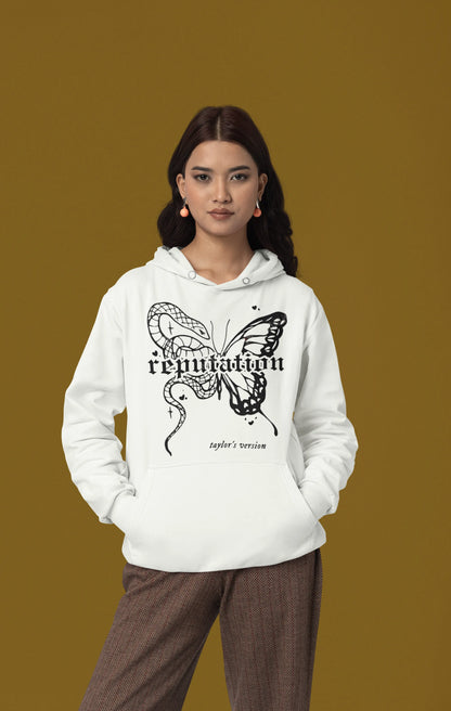 Third front view of a female model wearing a off-white Reputation-inspired hoodie, perfect for Taylor Swift fans and Eras Tour enthusiasts.