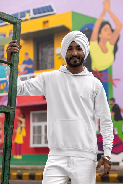 First front view of a male model wearing a comfortable white hoodie featuring the phrase "Vibe Teri Meri" in a modern font on a portrait of Diljit Singh holding up a sunflower, perfect for expressing your unique style and feeling the rhythm.