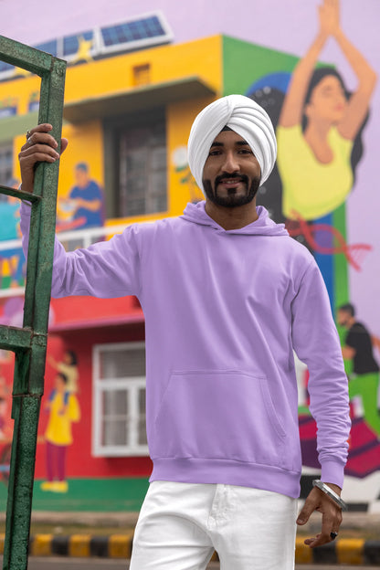 Second front view of a male model wearing a comfortable dirty purple hoodie featuring the phrase "Vibe Teri Meri" in a modern font on a portrait of Diljit Singh holding up a sunflower, perfect for expressing your unique style and feeling the rhythm.
