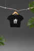 Front view of a black crop top with a baby angel design and 