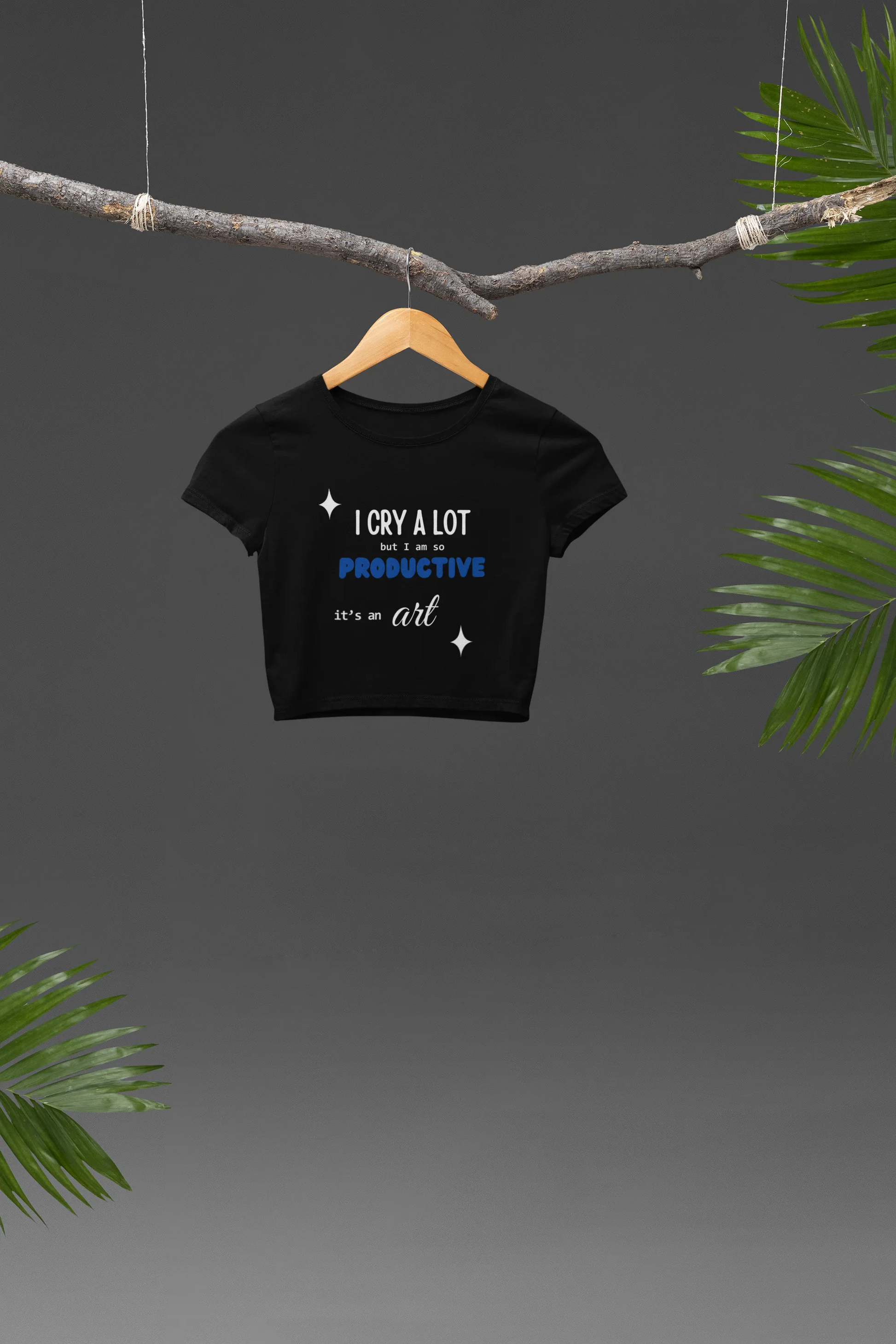 Front view of a Black crop top with "I cry a lot but I am productive" text, perfect for Swiftie fans.