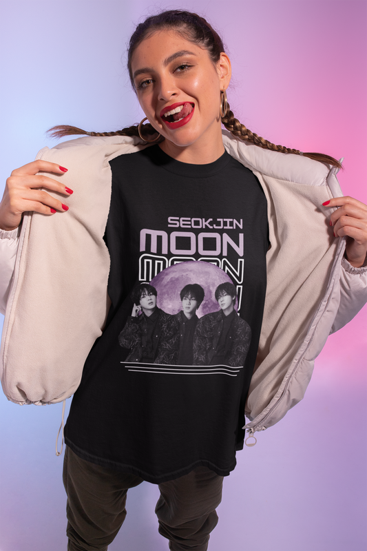 Front view of female model wearing an oversized black t-shirt featuring a unique design inspired by BTS member Jin, also known as "Worldwide Handsome." Ideal for fans of BTS and K-Pop music enthusiasts in general.