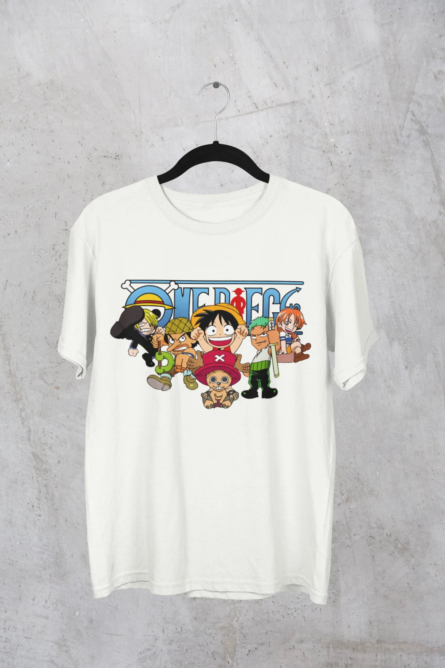 A off-white oversized t-shirt featuring chibi versions of the Straw Hat Crew from the One Piece anime.