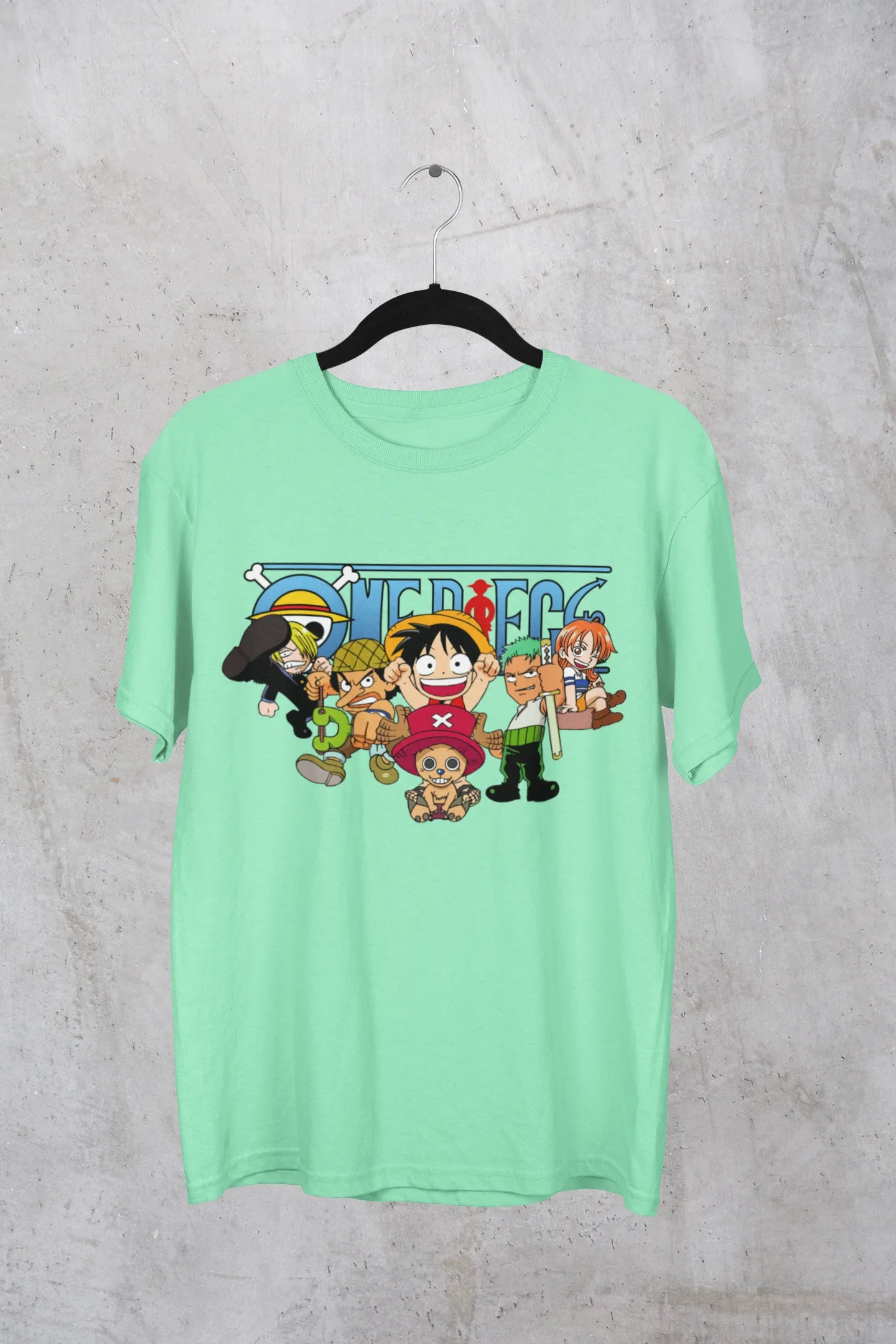 A mint green oversized t-shirt featuring chibi versions of the Straw Hat Crew from the One Piece anime.