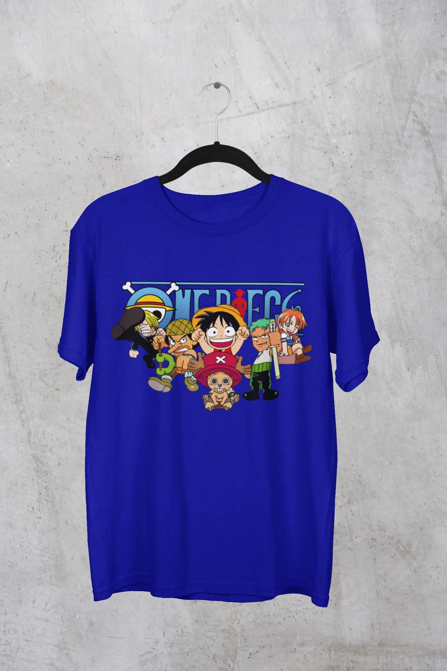A royal blue oversized t-shirt featuring chibi versions of the Straw Hat Crew from the One Piece anime.