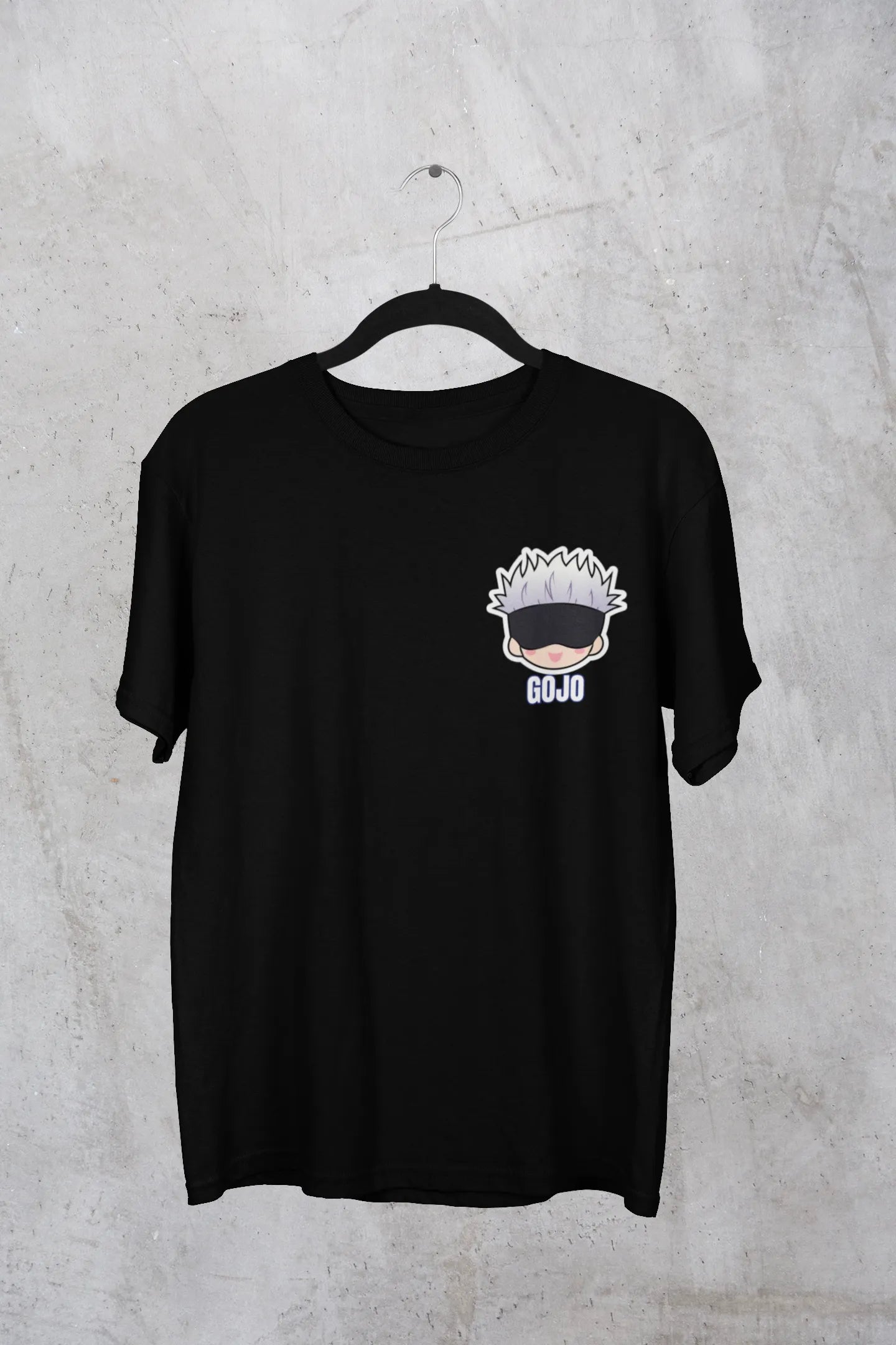 First front view of a black oversized t-shirt featuring Gojo Satoru from Jujutsu Kaisen with the text "Satoru Gojo."