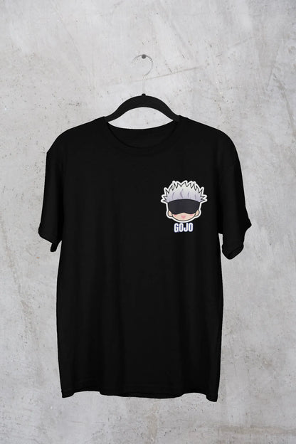 First front view of a black oversized t-shirt featuring Gojo Satoru from Jujutsu Kaisen with the text "Satoru Gojo."