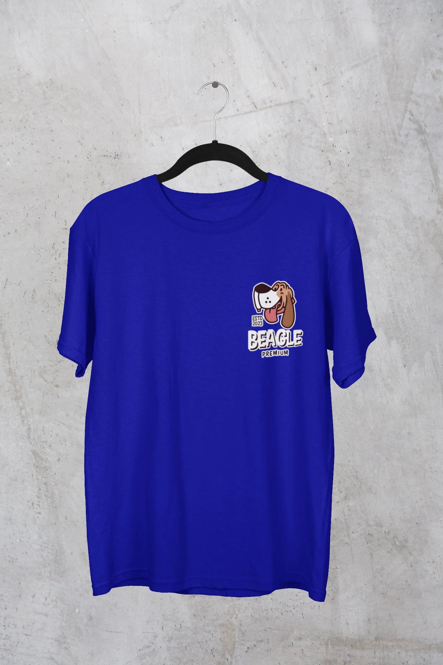 Front view of t-shirt on a hanger showcasing blue oversized tee with a The Beagles animated series themed design, featuring the cool canine quartet from ourt disney collection of oversized tees.
