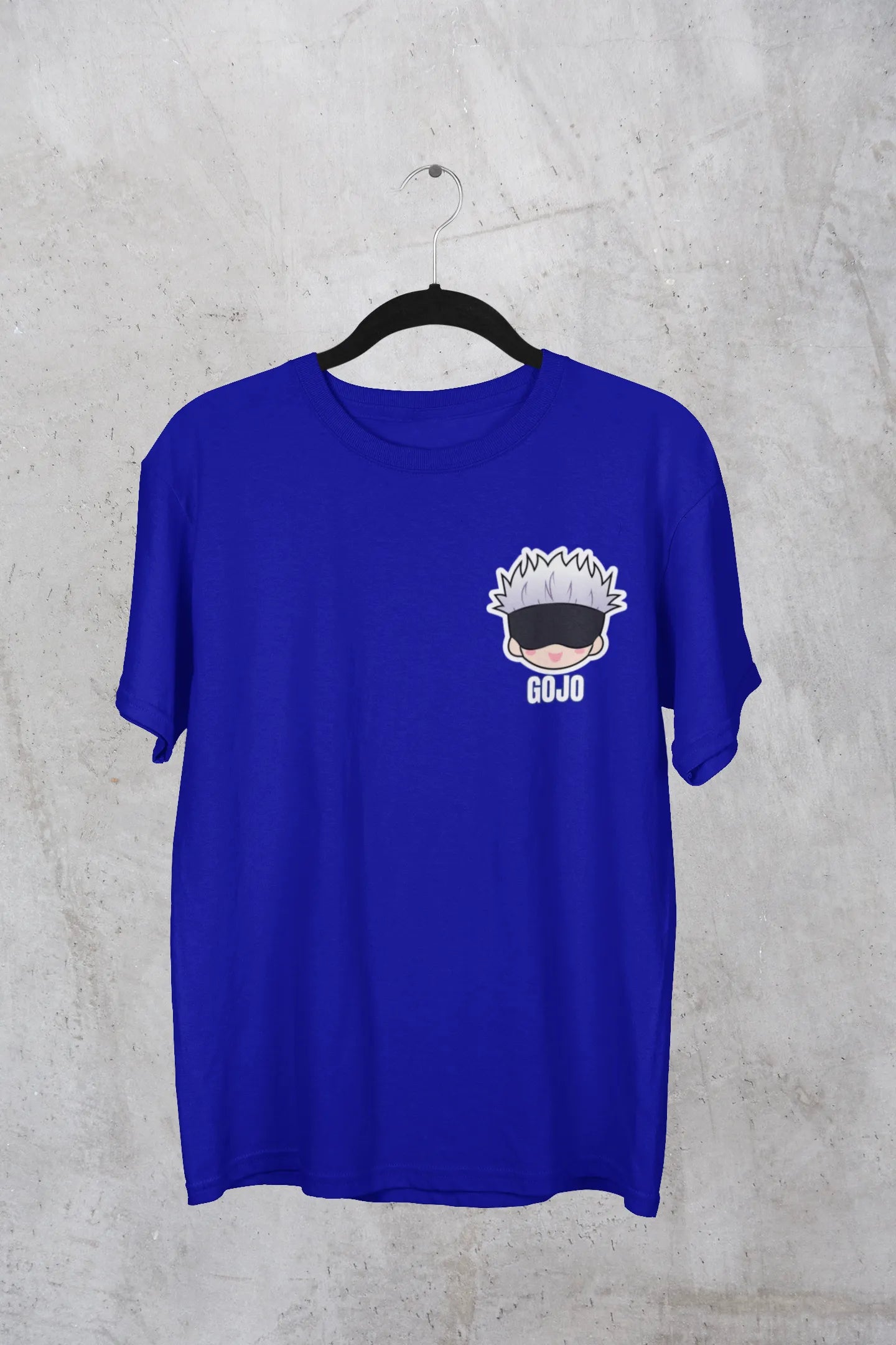 First front view of a royal blue oversized t-shirt featuring Gojo Satoru from Jujutsu Kaisen with the text "Satoru Gojo."