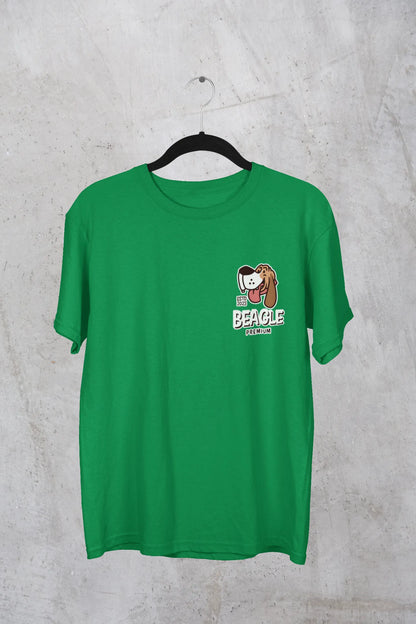 Front view of t-shirt on a hanger showcasing forest green oversized tee with a The Beagles animated series themed design, featuring the cool canine quartet from ourt disney collection of oversized tees.