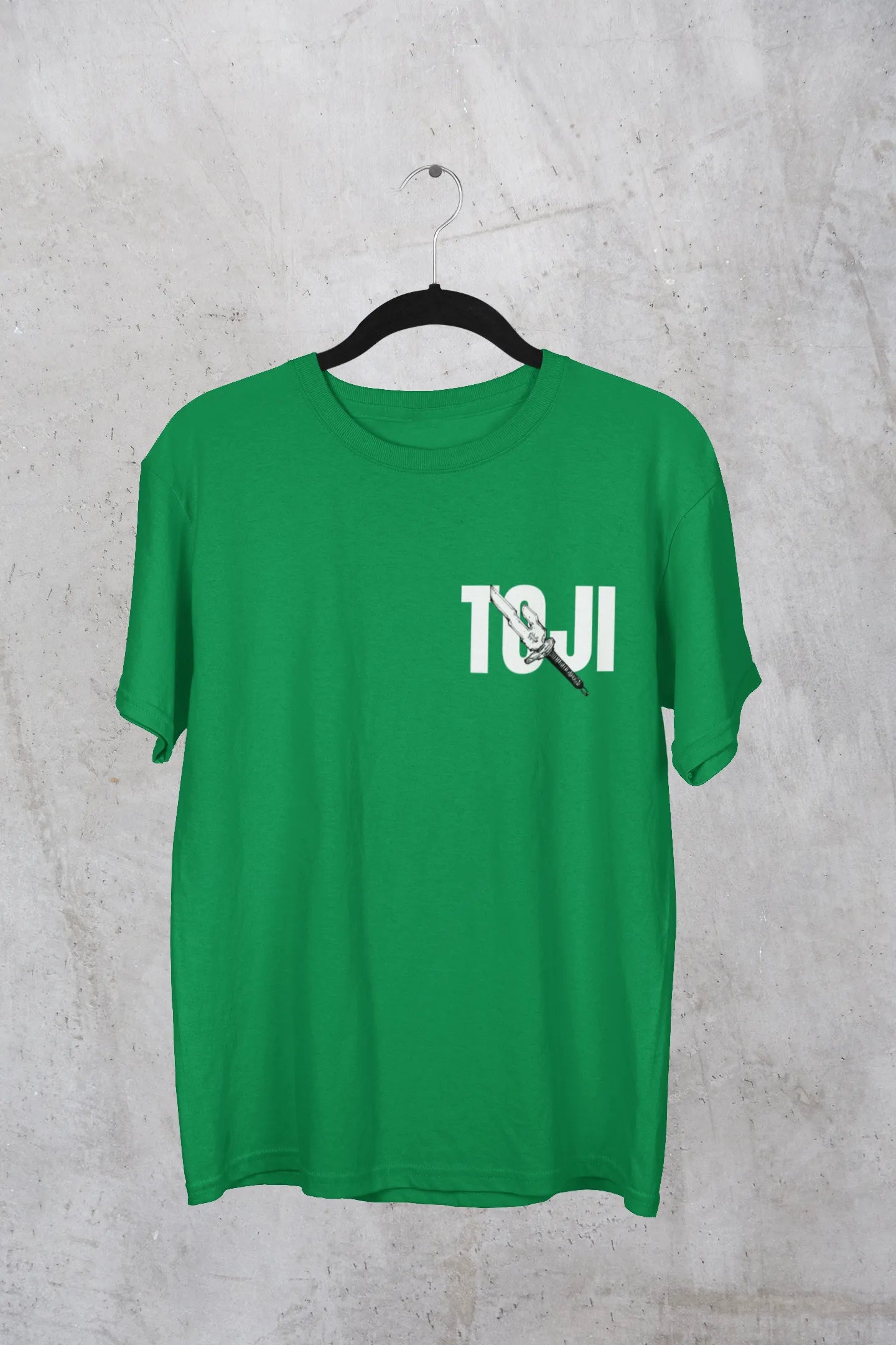 First front view of a forest green oversized t-shirt featuring Toji Fushiguro from the Jujutsu Kaisen anime.