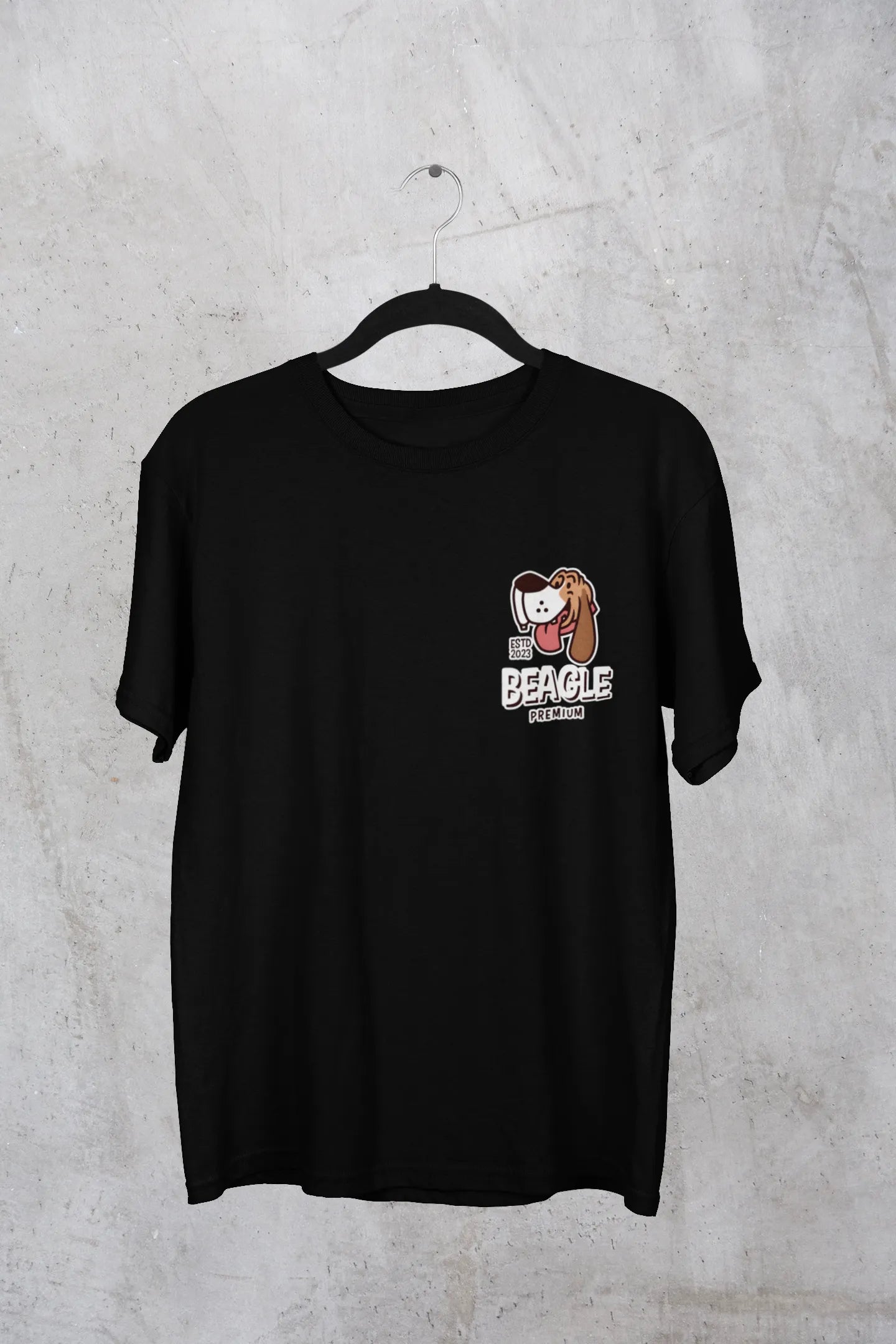 Front view of t-shirt on a hanger showcasing black oversized tee with a The Beagles animated series themed design, featuring the cool canine quartet from ourt disney collection of oversized tees.