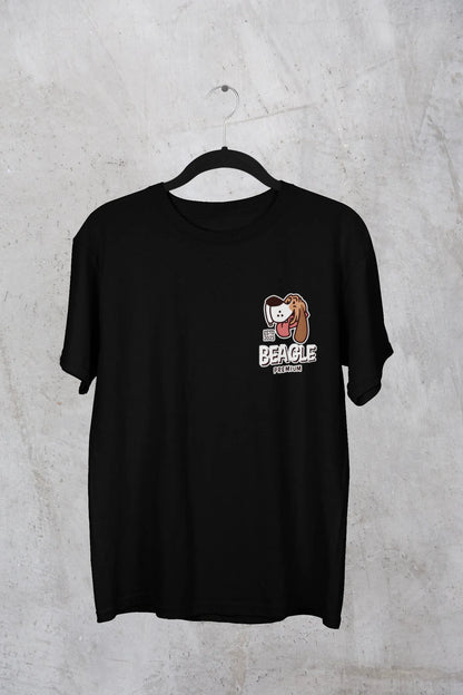 Front view of t-shirt on a hanger showcasing black oversized tee with a The Beagles animated series themed design, featuring the cool canine quartet from ourt disney collection of oversized tees.