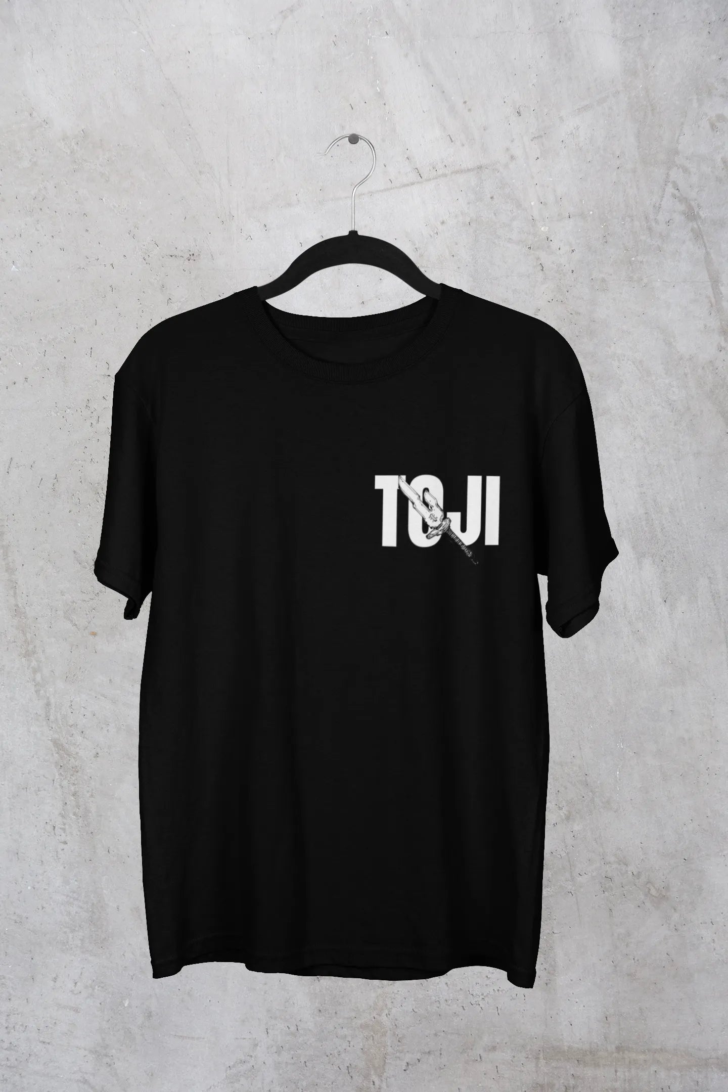 First front view of a black oversized t-shirt featuring Toji Fushiguro from the Jujutsu Kaisen anime.