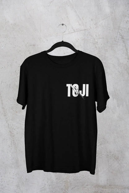 First front view of a black oversized t-shirt featuring Toji Fushiguro from the Jujutsu Kaisen anime.