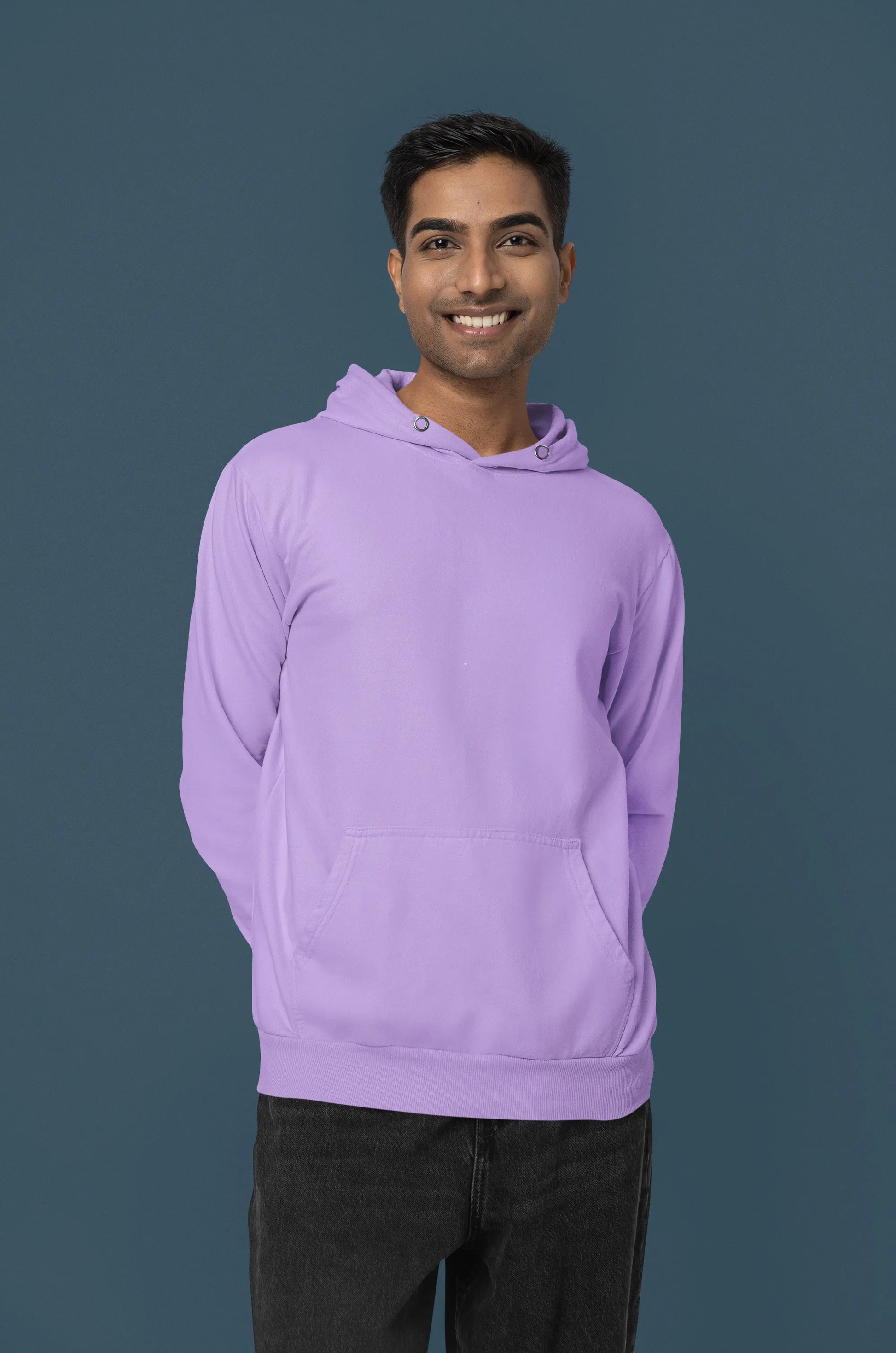 Front view of a male Model wearing a lavender Swift 89 hoodie, inspired by Taylor Swift's 1989 album. Perfect for Swifties and Eras Tour fans.