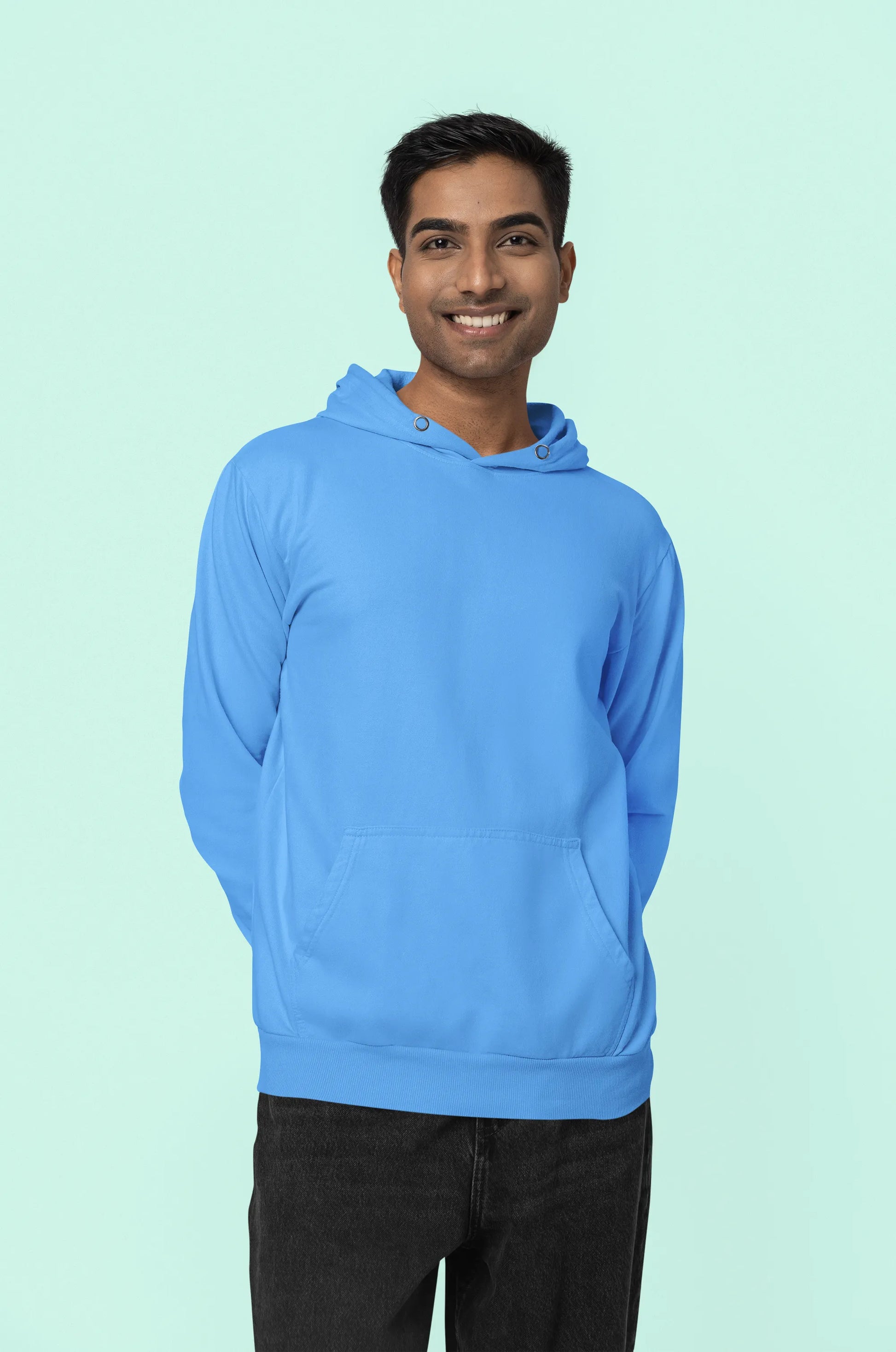 Front view of a male Model wearing a sky blue Swift 89 hoodie, inspired by Taylor Swift's 1989 album. Perfect for Swifties and Eras Tour fans.