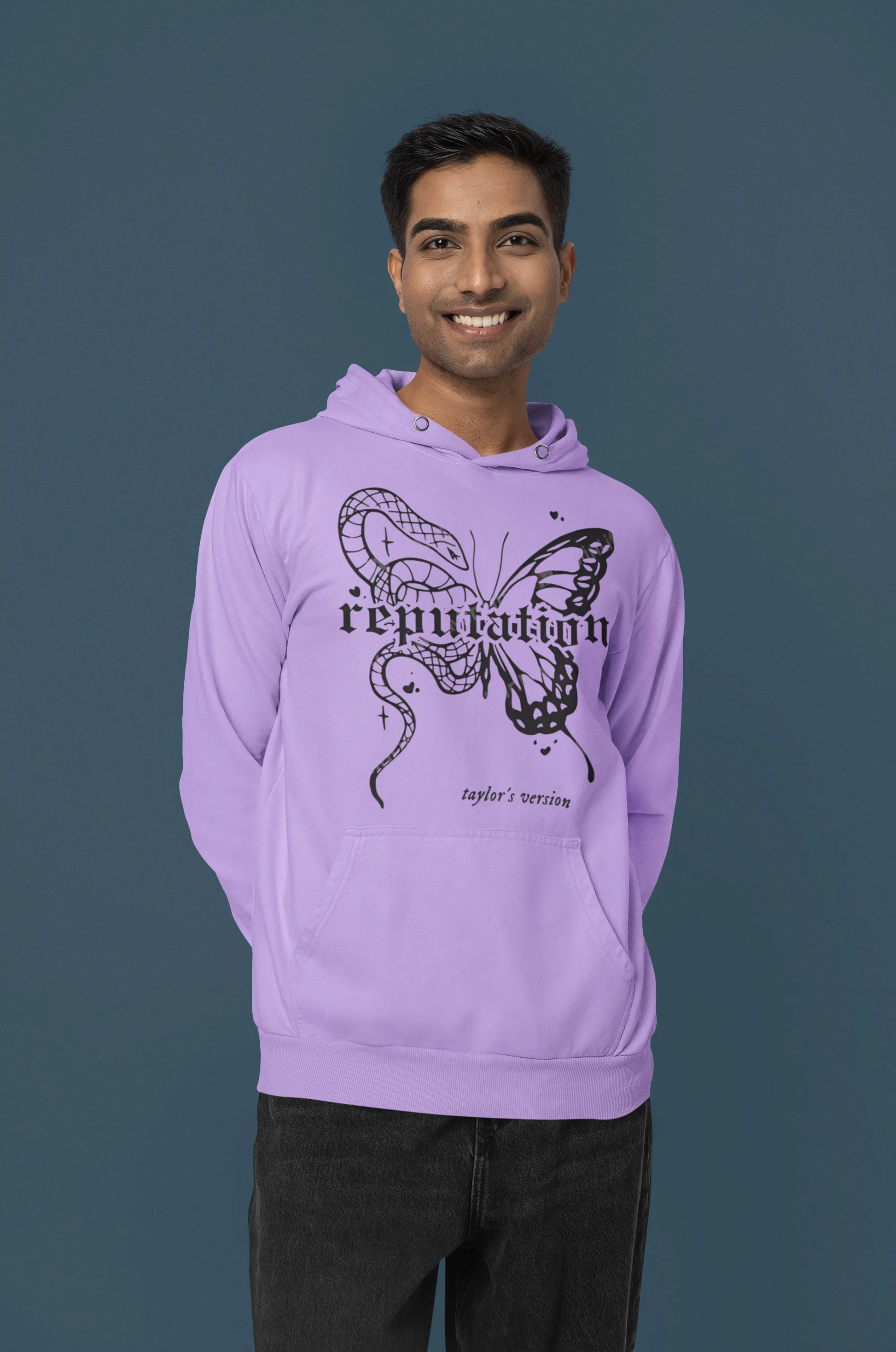 First front view of a male model wearing a dirty purple Reputation-inspired hoodie, perfect for Taylor Swift fans and Eras Tour enthusiasts.