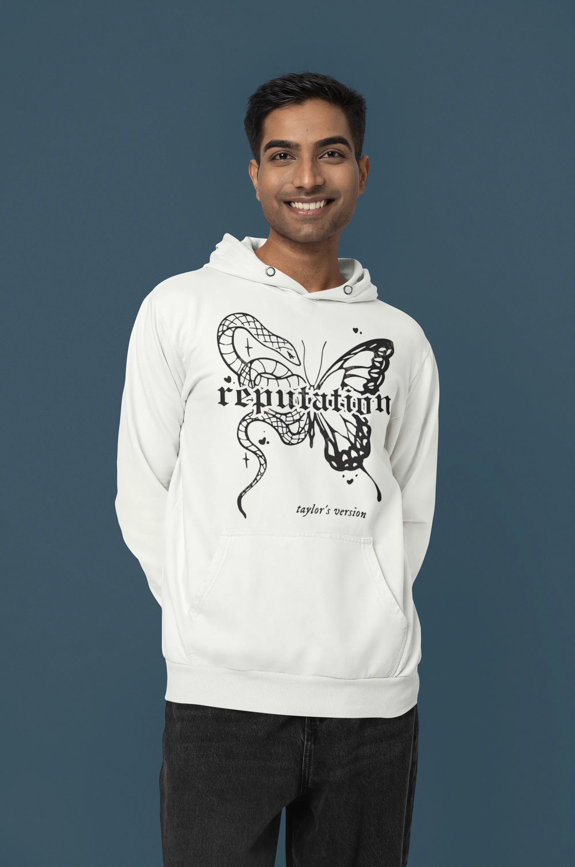 Second front view of a male model wearing a off-white Reputation-inspired hoodie, perfect for Taylor Swift fans and Eras Tour enthusiasts.