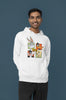 Third image of a male model wearing a white hoodie with a large Looney Tunes design. The illustration features portraits of several iconic Looney Tunes characters.