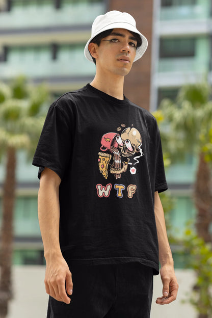 Right side view of a male model wearing an black oversized t-shirt featuring a skull enjoying coffee, pizza, and smoking, offering a unique and edgy aesthetic.