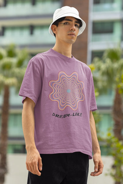 Left side view of a male model wearing an dirty purple oversized t-shirt with a dreamlike spiderweb design made of frequencies, offering a visually captivating and relaxing aesthetic.