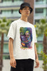 Right side view of a male model wearing an off-white oversized t-shirt featuring a psychedelic melting green zombie design, perfect for a trippy, dark aesthetic.