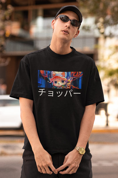 First front view a male model wearing a black oversized t-shirt featuring Tony Chopper from the One Piece anime.