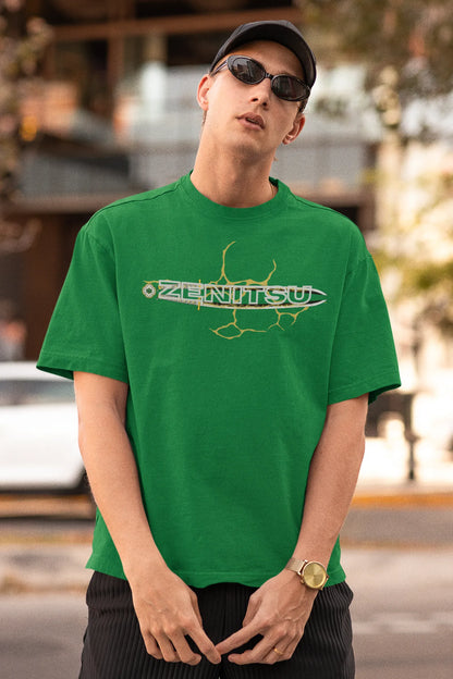 First front view of a male model wearing a forest green oversized t-shirt featuring Zenitsu Agatsuma with the text "High Voltage".