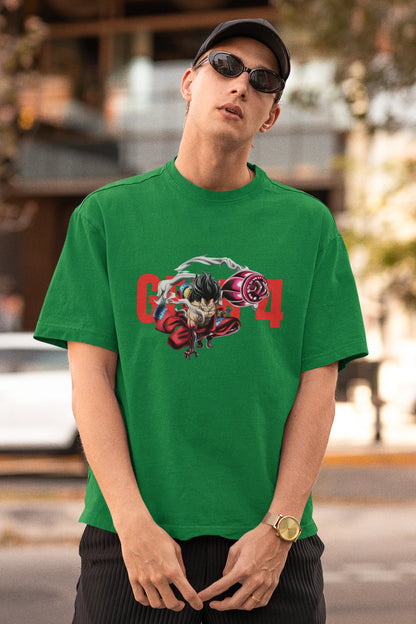 First front view of a male model wearing a forest green oversized t-shirt featuring Luffy in his Gear 4 Bounceman form from the One Piece anime.