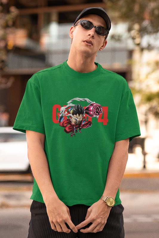 First front view of a male model wearing a forest green oversized t-shirt featuring Luffy in his Gear 4 Bounceman form from the One Piece anime.