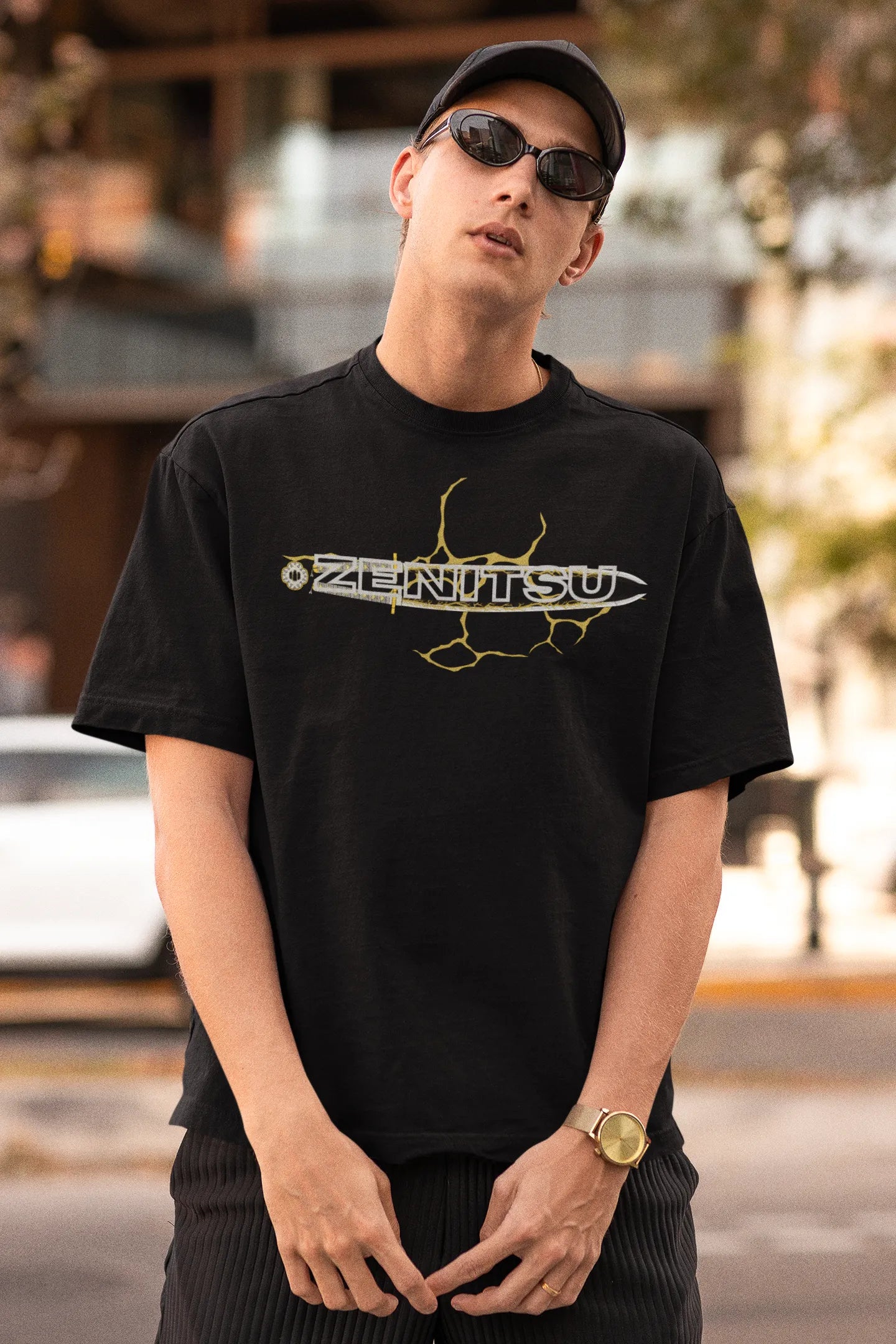 2nd front view of a male model wearing a black oversized t-shirt featuring Zenitsu Agatsuma with the text "High Voltage".