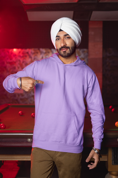 First front view of a male model wearing a comfortable dirty purple hoodie featuring the phrase "Vibe Teri Meri" in a modern font on a portrait of Diljit Singh holding up a sunflower, perfect for expressing your unique style and feeling the rhythm.