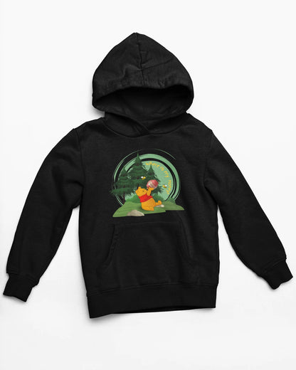 Close up front view of a black hoodie with a Winnie the Pooh design, showing the Disney bear eating honey from a jar in a forest.